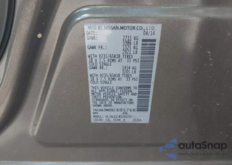 2014 Nissan Pathfinder Sv z USA, uszkodzony, nr VIN 5N1AR2MN9EC695768